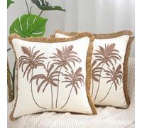 Lot de 2 Housse de Coussin d'été 45 x 45 cm Motif Feuilles Tropicales Décoratives Été Cocotiers Bruns Lin Taie d'oreiller avec Franges en Lin pour Canapé Salon Chambre Chaise Maison Jardin Fauteuil