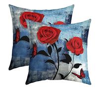 Lot de 2 Housses de Coussin 60x60 Romantique Rose Rouge,Coussin Décoratifs D'Accent Gris Sarcelle,Housse d'oreiller Ombre Aquarelle Rétro Décoration Bureau Maison,Taie d'oreiller Peinture À L'Huile