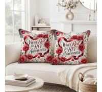 Lot de 2 housses de coussin avec ruban de sensibilisation au VIH coquelicot | Thème de sensibilisation de soutien, housses de coussin, imprimé artistique floral, accents décoratifs pour salon
