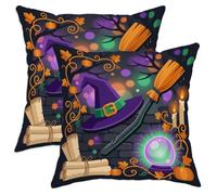 Lot de 2 housses de coussin carrées lavables en velours doux pour salon, chambre à coucher, loft, bureau, voiture, motif chapeau de sorcière, boule de cristal, Halloween, violet, 30,5 x 30,5 cm