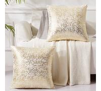 Lot de 2 housses de coussin champagne dorées et blanches, 56 x 56 cm, paillettes décoratives en velours, décoration en velours doux, coussin d'accent avec fermeture éclair cachée
