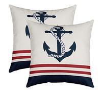 Lot de 2 housses de coussin décoratives avec corde d'ancre - Style nautique - Océan - Mer et voile - Pour enfants, adolescents et adultes - 45,7 x 45,7 cm - Rouge et bleu