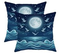 Lot de 2 housses de coussin décoratives avec fermeture éclair dissimulée, motif lune et oiseaux calmes, vagues et vagues, bleu nuit (55,9 x 55,9 cm)