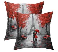 Lot de 2 housses de coussin décoratives carrées romantiques à Paris avec motif de parapluie rouge, scène d'amour pour décoration saisonnière pour salon, lit, canapé, 40,6 x 40,6 cm