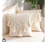 Lot de 2 Housses de Coussin décoratives carrées tissées en macramé de Style bohème pour lit, canapé, Banc, Voiture, décoration d'intérieur, taies d'oreiller carrées Confortables avec Pompons (43,2 x