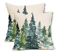Lot de 2 housses de coussin décoratives en coton et lin sur le thème de la nature, motif arbre bleu vert aquarelle, 55,9 x 55,9 cm, décoration d'intérieur pour salon, canapé, porche, extérieur