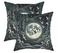 Lot de 2 housses de coussin décoratives en velours doux lavable pour salon, appartement, lit, canapé, motif lune, vagues et nuit, bleu foncé, 50,8 x 50,8 cm