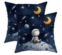 Lot de 2 housses de coussin décoratives sur le thème de l'espace, astronaute et lune bleu marine pour chambre d'enfant, décoration d'intérieur amusante et fantaisie, 45,7 x 45,7 cm