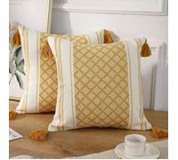 Lot de 2 housses de coussin décoratives tricotées en coton bohème avec pompon jaune et blanc, accent moderne classique ferme jacqu