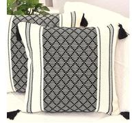 Lot de 2 housses de coussin décoratives tricotées en coton bohème avec pompon noir et blanc, accent moderne classique ferme jacqua