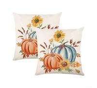 Lot de 2 housses de coussin en velours doux bleu citrouille d'automne et feuille d'érable orange 45 x 45 cm pour canapé, chambre à coucher, salon, décoration saisonnière (JYM456-1)