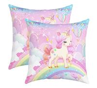Lot de 2 housses de coussin licorne 40 x 40 cm - Douces - Pour enfants - Cheval - Décoratives - Licorne - Paillettes - Arc-en-ciel - Rose et violet