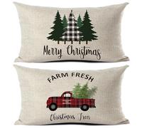 Lot de 2 housses de coussin lombaire rectangulaires décoratives en lin rétro pour décoration de Noël, arbre de Noël, camion, 50 x 30 cm