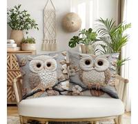 Lot de 2 housses de coussin vintage hibou et botanique - 45 x 45 cm - Motif imprimé en peluche courte - Fermeture éclair - Aspect non réaliste pour canapé intérieur/extérieur, terrasse, salon (coussin
