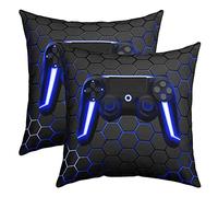 Lot de 2 Housses de Coussins 40x40 Gamer pour Garçons Ados,Housse d'oreiller de Jeu pour Chambre À Coucher,Taie Oreiller Gamepad avec Lumières Néon,Taie d'oreiller Carrées Décoratives,Bleue Grise