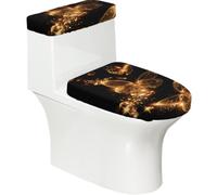 Lot de 2 housses de siège de toilette et de réservoir en tissu polyester avec fond élastique doux et universel pour la plupart des couvercles de cuvette de toilette Motif papillon doré