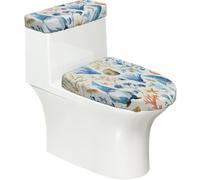 Lot de 2 housses extensibles pour abattant de toilette et réservoir de toilette avec fond élastique, housse de siège de toilette douce, nain de mer bleu côtier, corail de mer, pour salle de bain et