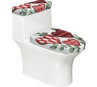 Lot de 2 housses extensibles pour abattant de toilette et réservoir de toilette avec fond élastique, housse souple pour la Saint-Valentin, motif cœurs et feuilles d'eucalyptus pour salle de bain et