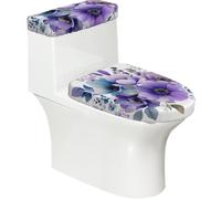 Lot de 2 housses extensibles pour abattant de toilette et réservoir de toilette avec fond élastique, housse souple pour abattant de toilette aquarelle, violet/bleu, feuilles d'eucalyptus pour salle de
