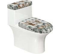 Lot de 2 housses extensibles pour abattant de toilette et réservoir de toilette avec fond élastique, couverture douce pour siège de toilette - Lapin de Pâques - Feuilles d'eucalyptus sur carreaux gris