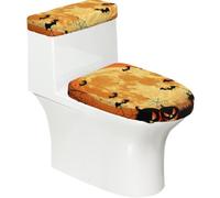 Lot de 2 housses extensibles pour abattant de toilette et réservoir de toilette avec fond élastique, housse de siège de toilette douce, motif chauve-souris citrouille, pleine lune, orange, pour salle