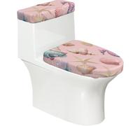 Lot de 2 housses extensibles pour abattant de toilette et réservoir de toilette avec fond élastique, doux - Océan, coquillages, étoile de mer, hippocampe sur fond rose - Pour salle de bain et