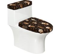 Lot de 2 housses extensibles pour abattant de WC et réservoir de toilette avec fond élastique, couverture souple en grains de café sur fond pour salle de bain et décoration d'intérieur Marron foncé
