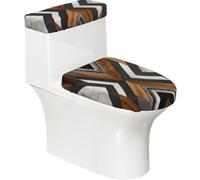 Lot de 2 housses extensibles pour abattant de WC et réservoir de toilette avec fond élastique, doux et moderne en bois aztèque géométrique et marbre gris pour salle de bain et décoration d'intérieur