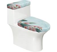 Lot de 2 housses extensibles pour abattant de WC et réservoir de toilette avec fond élastique, feuilles d'eucalyptus et fleurs roses pour salle de bain et décoration d'intérieur