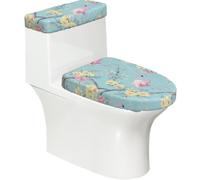 Lot de 2 housses extensibles pour abattant de WC et réservoir de toilette avec fond élastique, housse souple motif flamant rose d'été avec fleurs jaunes pour salle de bain et décoration d'intérieur