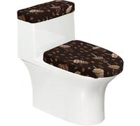 Lot de 2 housses extensibles pour abattant de WC et réservoir de toilette avec fond élastique, housse souple pour abattant de toilettes, tasses à café sur fond marron, pour décoration d'intérieur de