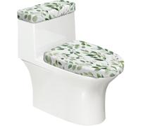 Lot de 2 housses extensibles pour abattant de WC et réservoir de toilette avec fond élastique, housse souple et feuilles d'eucalyptus botaniques vert sauge pour salle de bain et décoration d'intérieur