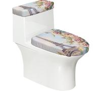 Lot de 2 housses extensibles pour abattant de WC et réservoir de toilette avec fond élastique, housse souple pour abattant de WC Motif Paris Tour Eiffel Rose Floral pour salle de bain Décoration