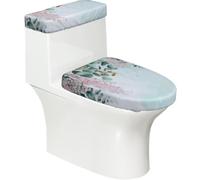 Lot de 2 housses extensibles pour abattant de WC et réservoir de toilette avec fond élastique, housse souple motif feuille d'eucalyptus vert sauge et fleur sur le dessus pour salle de bain et