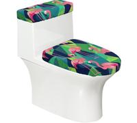 Lot de 2 housses extensibles pour abattant de WC et réservoir de toilette avec fond élastique, housse de siège de toilette douce, motif flamants roses d'été sur géométrique, pour salle de bain