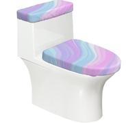 Lot de 2 housses extensibles pour abattant de WC et réservoir de toilette avec fond élastique, lignes ondulées arc-en-ciel rose bleu pour salle de bain et décoration d'intérieur
