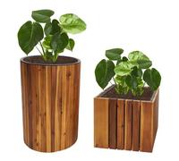 lot de 2 jardinières HWC-L24, pot de plantes pot de fleurs jardinière, ronde carrée Outdoor acacia bois marron