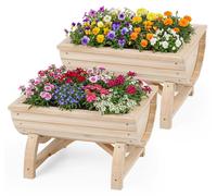 Lot de 2 jardinières surélevées COSTWAY, jardinières demi-tonneau en bois de sapin, pots de fleurs avec trou de drainage et pieds, bacs à fleurs, jardinières à herbes aromatiques, jardinières d'extéri