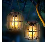 Lot de 2 lampes solaires à suspendre pour l'extérieur - IP65 - En métal - Étanche - Pour décoration extérieure de balcon - Blanc chaud - Pour jardin, terrasse, pelouse, cour