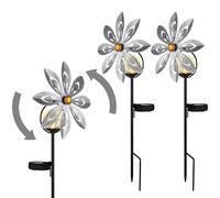 Lot de 2 lampes solaires d'extérieur LED Lampe de jardin Moulin à vent Décoration de jardin Lampe enfichable argentée grise Lampe d'extérieur Piquet de terre, métal jaune, verre brisé, blanc chaud, Lx