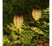 Lot de 2 lampes solaires en métal pour extérieur jardin avec étanchéité IP65 - Blanc chaud - LED orientales - Pour terrasse, balcon, décoration de Noël