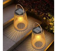 Lot de 2 lampes solaires pour l'éclairage extérieur - 14,2 x 18,5 cm - Ronde Rattan - Camping, terrasse, jardin, patio, véranda, mobilier d'extérieur