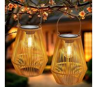 Lot de 2 lanternes solaires pour extérieur, lampes solaires de jardin à suspendre, lanterne tressée en fibre naturelle, lampes solaires de style rotin bohème, décoration de jardin pour l'extérieur