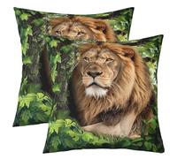 Lot de 2 Lion Housse de Coussin 60x60 Wild Brun Lion Taie D'Oreiller Adulte Adolescent Tropical Safari Animaux Hold Taie D'Oreiller Vert Arbre Feuilles Décor Caractéristiques Taies D'Oreiller,Chambre