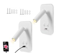 Lot de 2 Liseuse de Chevet, Appliques Murales LED Intérieures avec Interrupteur Port USB, 3W+9W 3000K Fixation Murale Spot Rotatif