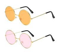 Lot de 2 lunettes de soleil hippie, monture ronde en métal, lunettes de soleil rondes rétro, lunettes de soleil pour festival, lunettes disco déguisées avec verres colorés