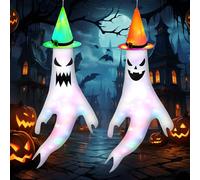 Lot de 2 Manches à Air Fantôme Halloween 140 cm avec Lumières LED 2 m | Décoration Halloween Extérieure Suspendue, Drapeau Fantôme Lumineux pour Jardin, Cour, Porte et Pelouse