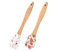 Lot de 2 Maryse Silicone avec Manche en Bois Spatule Cuisine Pâtisserie Fond Blanc Motifs Floraux, Ustensile Racloir Résistant Chaleur pour Gâteau Accessoires Cuisine Cuisson Quotidienne