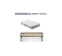 Lot de 2 Matelas 80x190 x 23 cm + 2 Sommiers + pieds + 2 Oreillers Mémoire + 2 Protèges Matelas Offerts avec Latex Naturel densité 80 Kg/m3 - Tissu