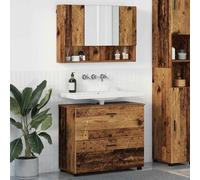 Lot de 2 meubles de salle de bain en bois vieilli 76,5 x 35 x 64 cm | Bois résistant à l'eau, tiroirs et étagères, armoire plate à miroir, pieds en métal noir mat, poignées en barre